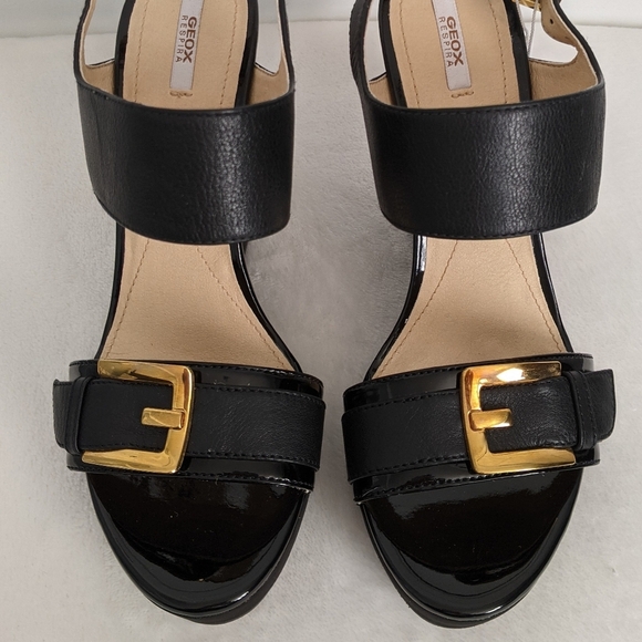 Geox Respira Sandal Leather Patent Buckle Open Toe Black Wedge 9.5 EU39.5 NWT - Picture 9 of 15